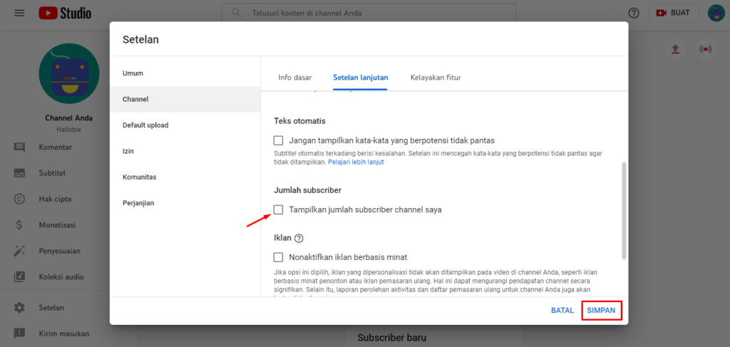 sembunyikan subscriber channel youtube