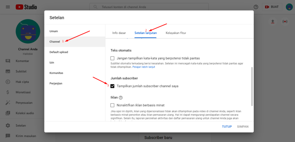 cara menyembunyikan subscriber youtube